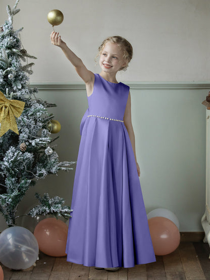 Robe Col Rond en Satin pour Petite Fille d'Honneur avec Perles et Nœud