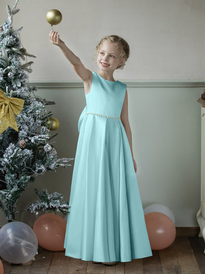 Robe Col Rond en Satin pour Petite Fille d'Honneur avec Perles et Nœud