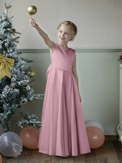 Robe Col Rond en Satin pour Petite Fille d'Honneur avec Perles et Nœud