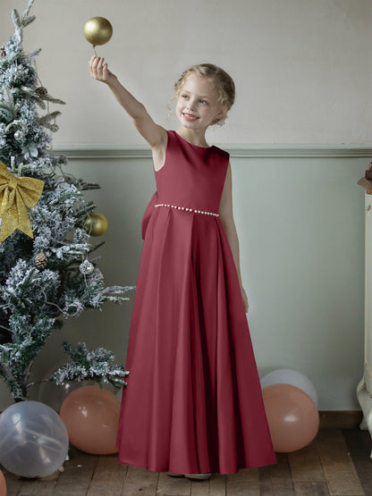 Robe Col Rond en Satin pour Petite Fille d'Honneur avec Perles et Nœud