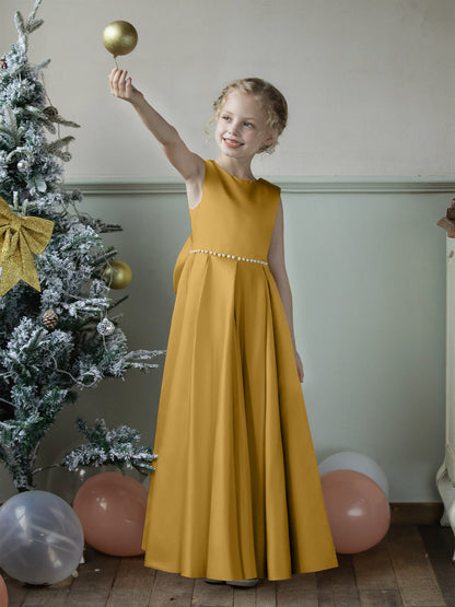 Robe Col Rond en Satin pour Petite Fille d'Honneur avec Perles et Nœud