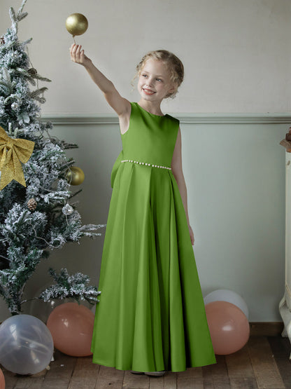 Robe Col Rond en Satin pour Petite Fille d'Honneur avec Perles et Nœud