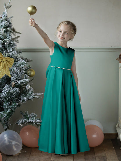 Robe Col Rond en Satin pour Petite Fille d'Honneur avec Perles et Nœud