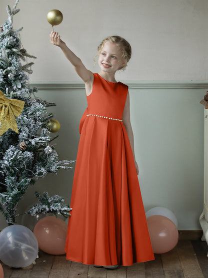 Robe Col Rond en Satin pour Petite Fille d'Honneur avec Perles et Nœud