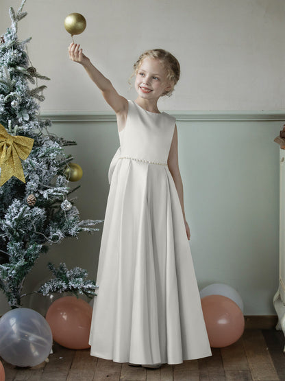 Robe Col Rond en Satin pour Petite Fille d'Honneur avec Perles et Nœud