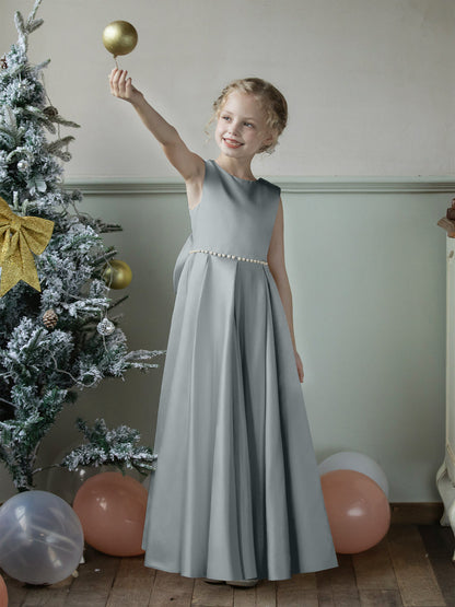 Robe Col Rond en Satin pour Petite Fille d'Honneur avec Perles et Nœud