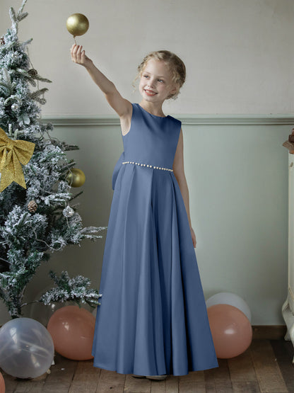 Robe Col Rond en Satin pour Petite Fille d'Honneur avec Perles et Nœud