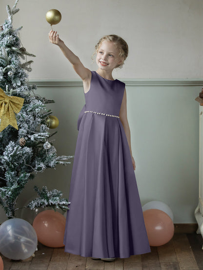 Robe Col Rond en Satin pour Petite Fille d'Honneur avec Perles et Nœud