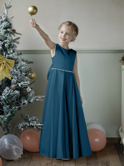 Robe Col Rond en Satin pour Petite Fille d'Honneur avec Perles et Nœud