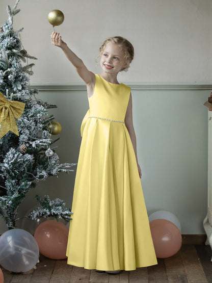 Robe Col Rond en Satin pour Petite Fille d'Honneur avec Perles et Nœud