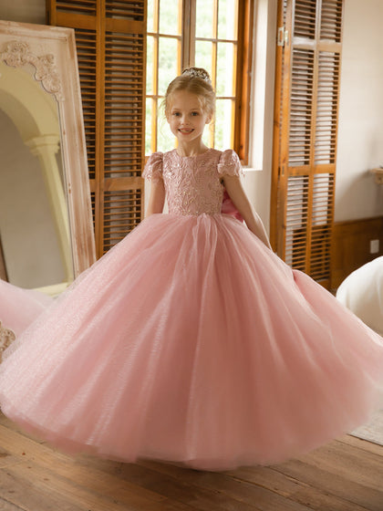 Robe Col Rond en Tulle pour Petite Fille d'Honneur avec Appliques et Nœud en Satin