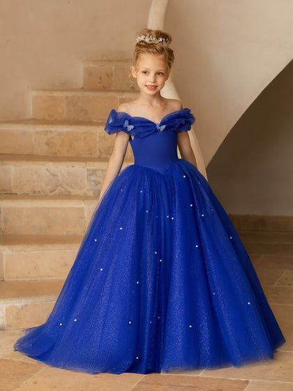 Robe Épaules Dénudées en Tulle pour Petite Fille d'Honneur avec Perles