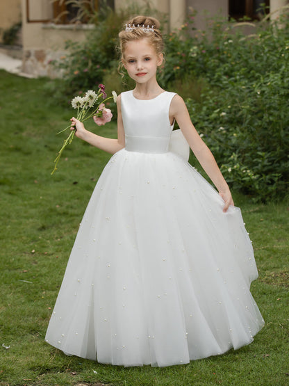 Robe Col Rond en Tulle pour Petite Fille d'Honneur avec Perles et Nœud en Satin