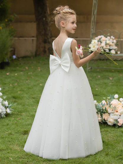 Robe Col Rond en Tulle pour Petite Fille d'Honneur avec Perles et Nœud en Satin