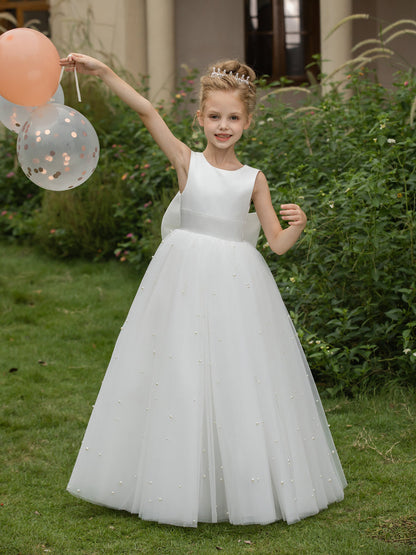 Robe Col Rond en Tulle pour Petite Fille d'Honneur avec Perles et Nœud en Satin