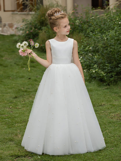 Robe Col Rond en Tulle pour Petite Fille d'Honneur avec Perles et Nœud en Satin