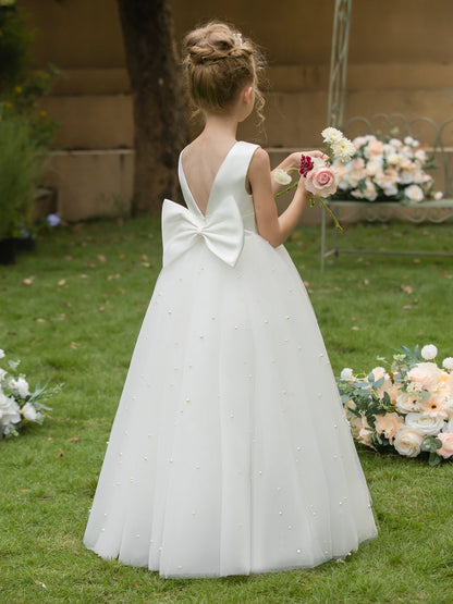 Robe Col Rond en Tulle pour Petite Fille d'Honneur avec Perles et Nœud en Satin