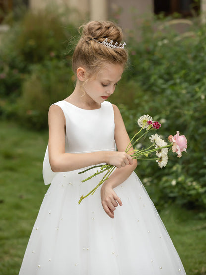 Robe Col Rond en Tulle pour Petite Fille d'Honneur avec Perles et Nœud en Satin