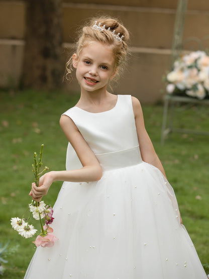 Robe Col Rond en Tulle pour Petite Fille d'Honneur avec Perles et Nœud en Satin