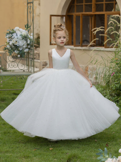 Robe Col en V en Tulle pour Petite Fille d'Honneur avec Perles et Nœud en Satin