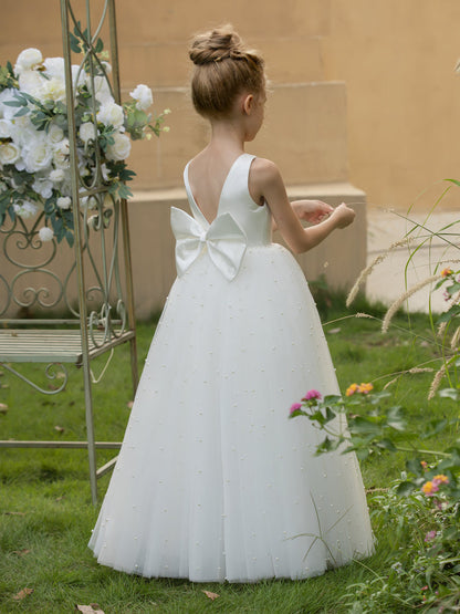 Robe Col en V en Tulle pour Petite Fille d'Honneur avec Perles et Nœud en Satin