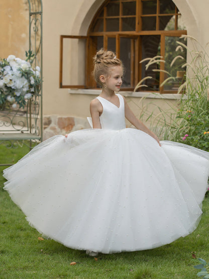 Robe Col en V en Tulle pour Petite Fille d'Honneur avec Perles et Nœud en Satin