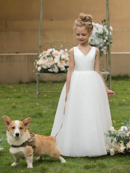 Robe Col en V en Tulle pour Petite Fille d'Honneur avec Perles et Nœud en Satin