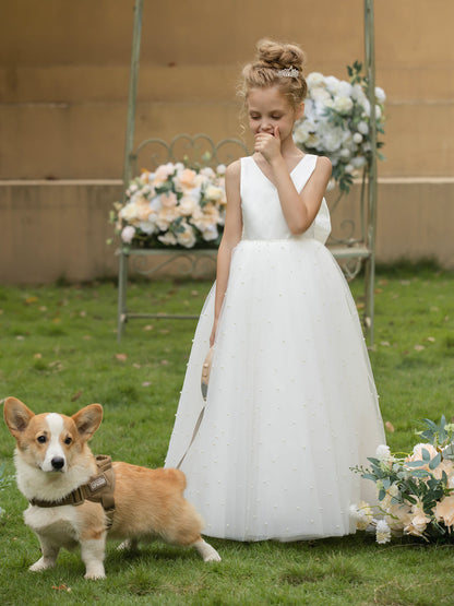 Robe Col en V en Tulle pour Petite Fille d'Honneur avec Perles et Nœud en Satin