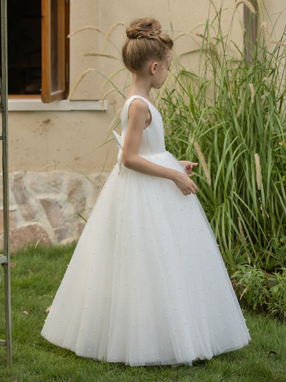 Robe Col en V en Tulle pour Petite Fille d'Honneur avec Perles et Nœud en Satin