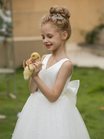 Robe Col en V en Tulle pour Petite Fille d'Honneur avec Perles et Nœud en Satin