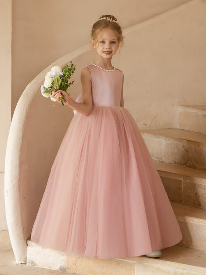 Robe Col Rond en Tulle pour Petite Fille d'Honneur avec Perles et Nœud en Satin