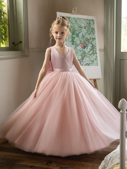 Robe Col en V sans Manches en Tulle pour Petite Fille d'Honneur avec Nœud en Satin