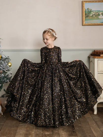 Robe Col Rond en Velours avec Sequins et Manches Longues pour Petite Fille d'Honneur