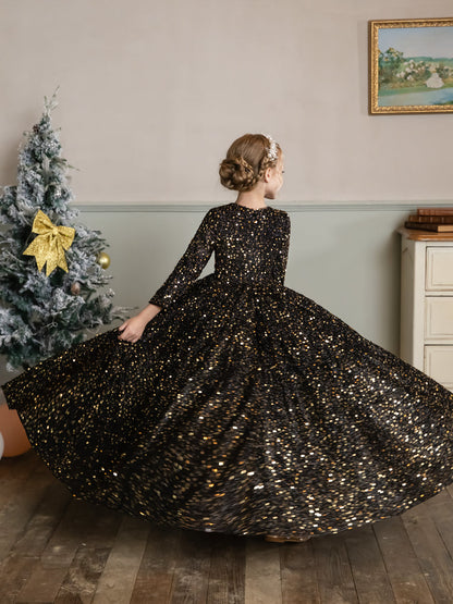 Robe Col Rond en Velours avec Sequins et Manches Longues pour Petite Fille d'Honneur