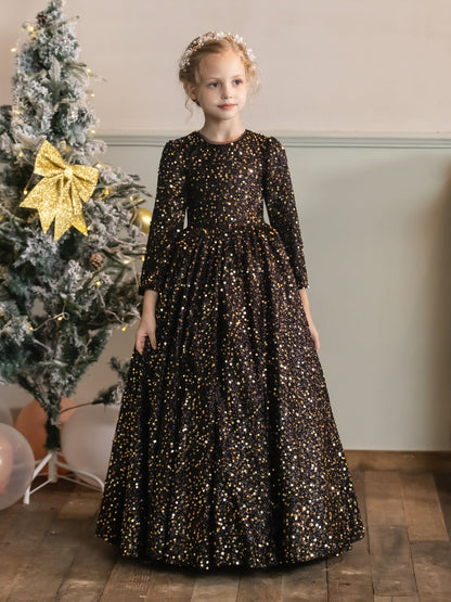 Robe Col Rond en Velours avec Sequins et Manches Longues pour Petite Fille d'Honneur