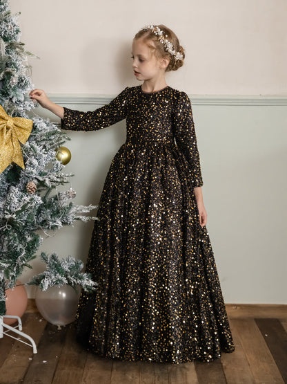 Robe Col Rond en Velours avec Sequins et Manches Longues pour Petite Fille d'Honneur