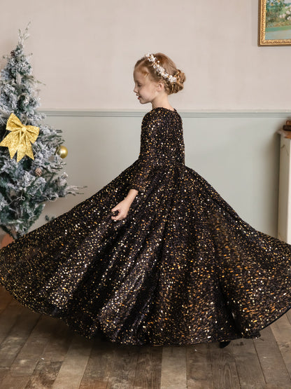 Robe Col Rond en Velours avec Sequins et Manches Longues pour Petite Fille d'Honneur