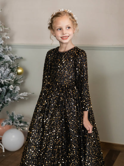 Robe Col Rond en Velours avec Sequins et Manches Longues pour Petite Fille d'Honneur