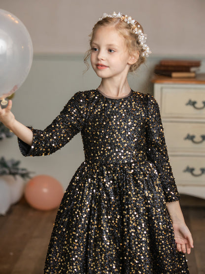 Robe Col Rond en Velours avec Sequins et Manches Longues pour Petite Fille d'Honneur