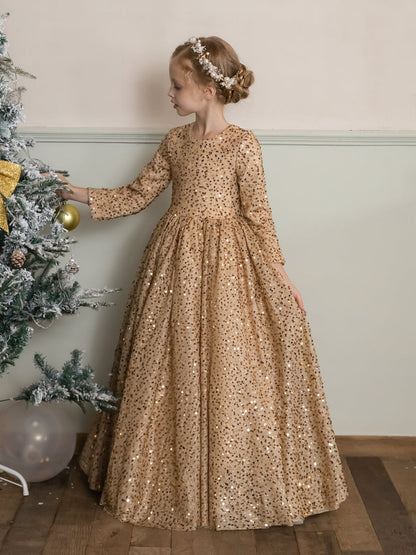 Robe Col Rond en Velours avec Sequins et Manches Longues pour Petite Fille d'Honneur