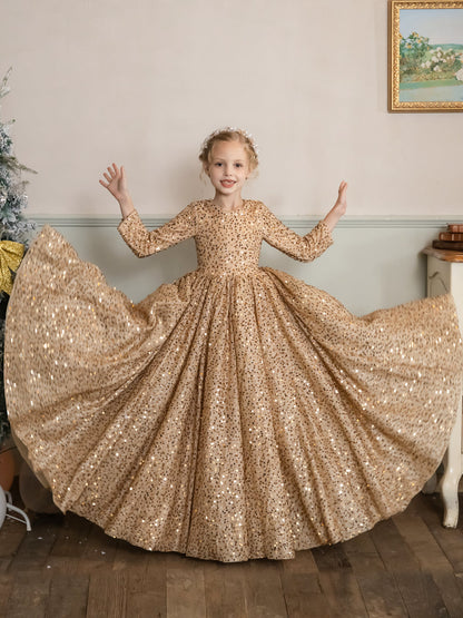 Robe Col Rond en Velours avec Sequins et Manches Longues pour Petite Fille d'Honneur