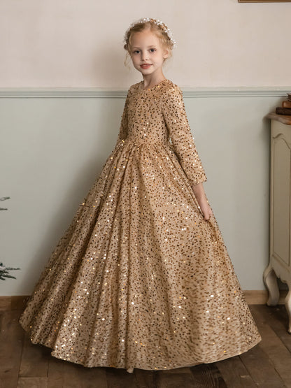 Robe Col Rond en Velours avec Sequins et Manches Longues pour Petite Fille d'Honneur