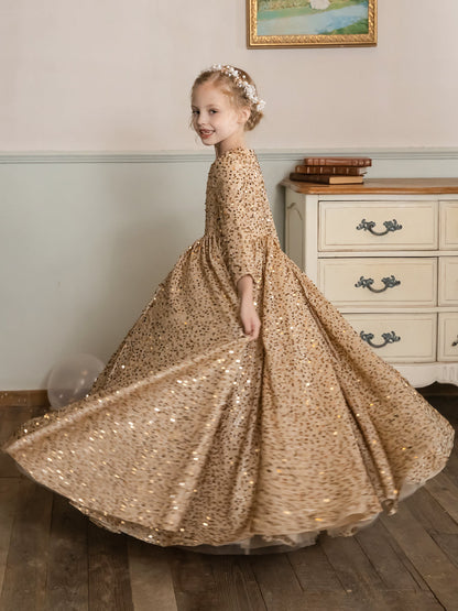 Robe Col Rond en Velours avec Sequins et Manches Longues pour Petite Fille d'Honneur