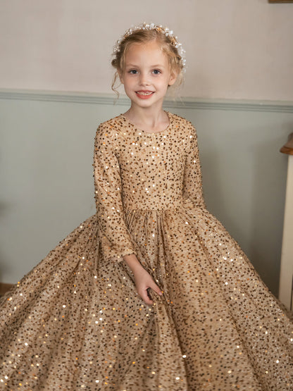 Robe Col Rond en Velours avec Sequins et Manches Longues pour Petite Fille d'Honneur