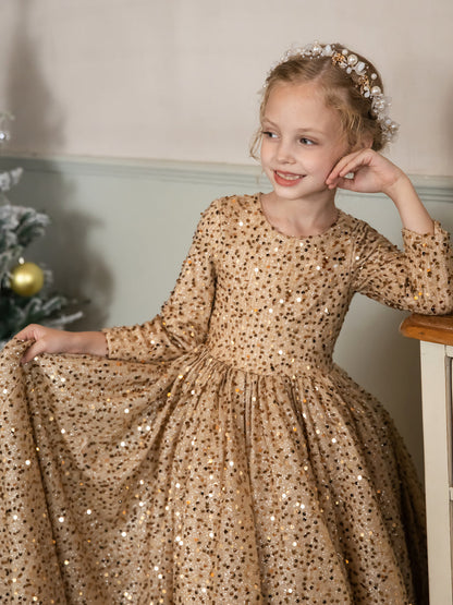 Robe Col Rond en Velours avec Sequins et Manches Longues pour Petite Fille d'Honneur