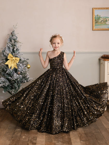 Robe Une Épaule en Velours avec Sequins sans Manches pour Petite Fille d'Honneur