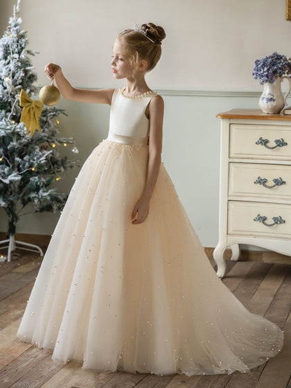 Robe Col Rond en Tulle pour Petite Fille d'Honneur avec Perles et Nœud en Satin