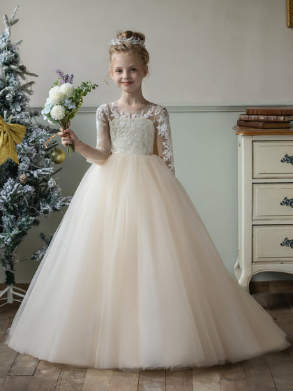 Robe Col Rond en Tulle pour Petite Fille d'Honneur avec Appliques et Nœud en Satin