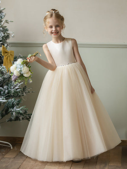 Robe Col Rond en Tulle pour Petite Fille d'Honneur avec Cristaux et Nœud