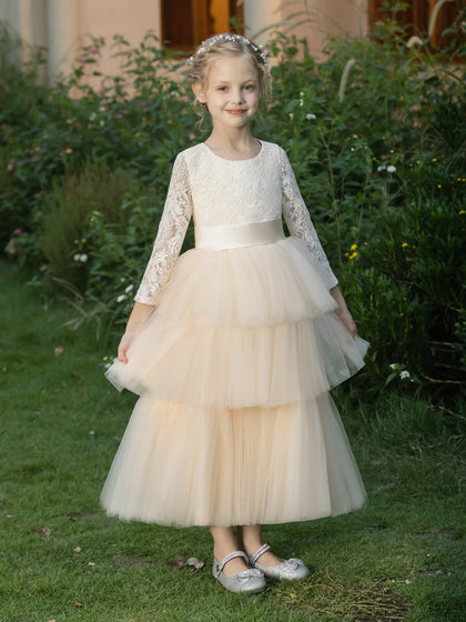 Robe Col Rond en Tulle pour Petite Fille d'Honneur avec Appliques et Plis Superposés